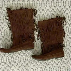 Lc Lauren Conrad Suede Leather Brown Moccasin Fringe Boots Women's Size 7